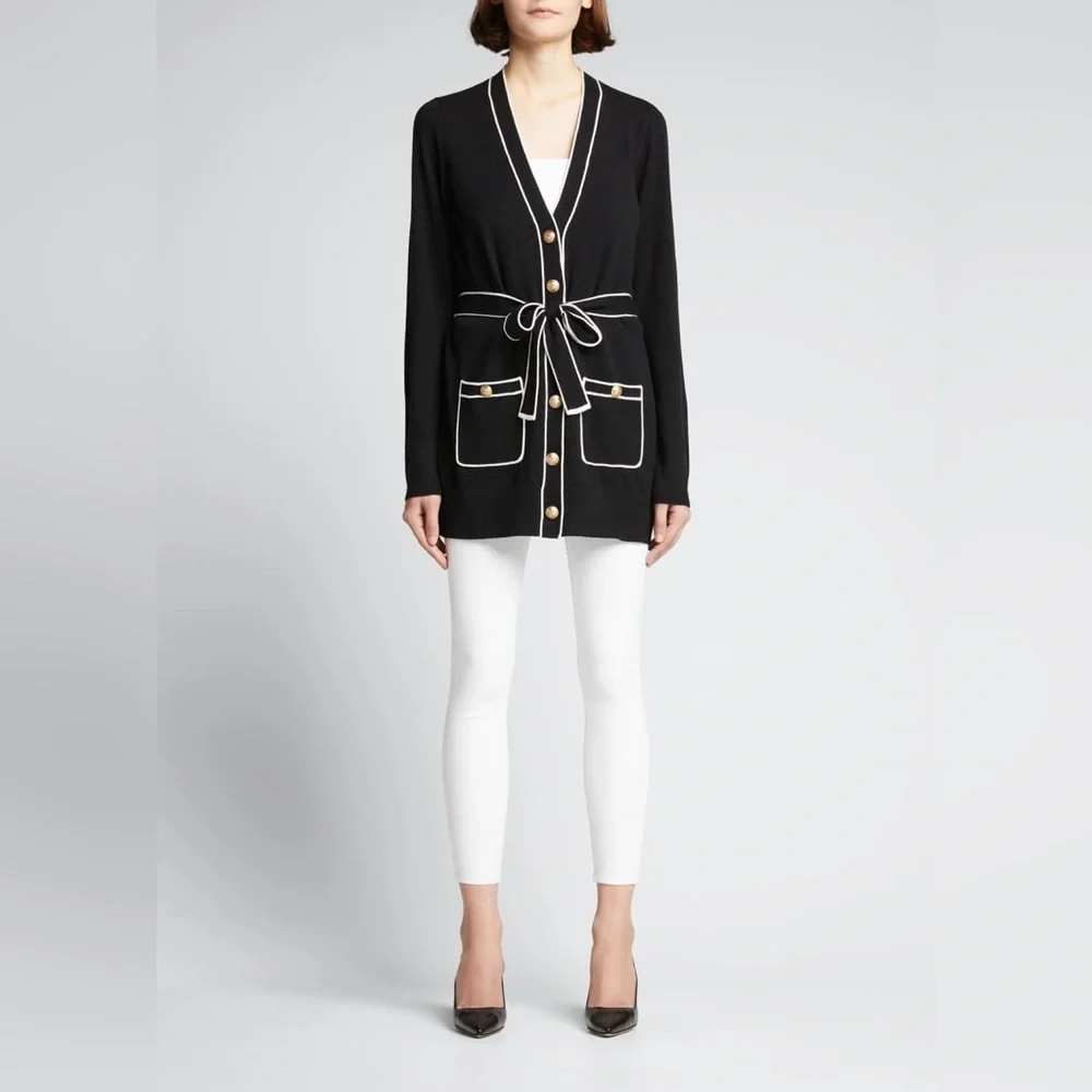 L'AGENCE. Black & White Ronny Piped Wool and Cotton Cardigan. Size Medium. - Picture 2 of 10